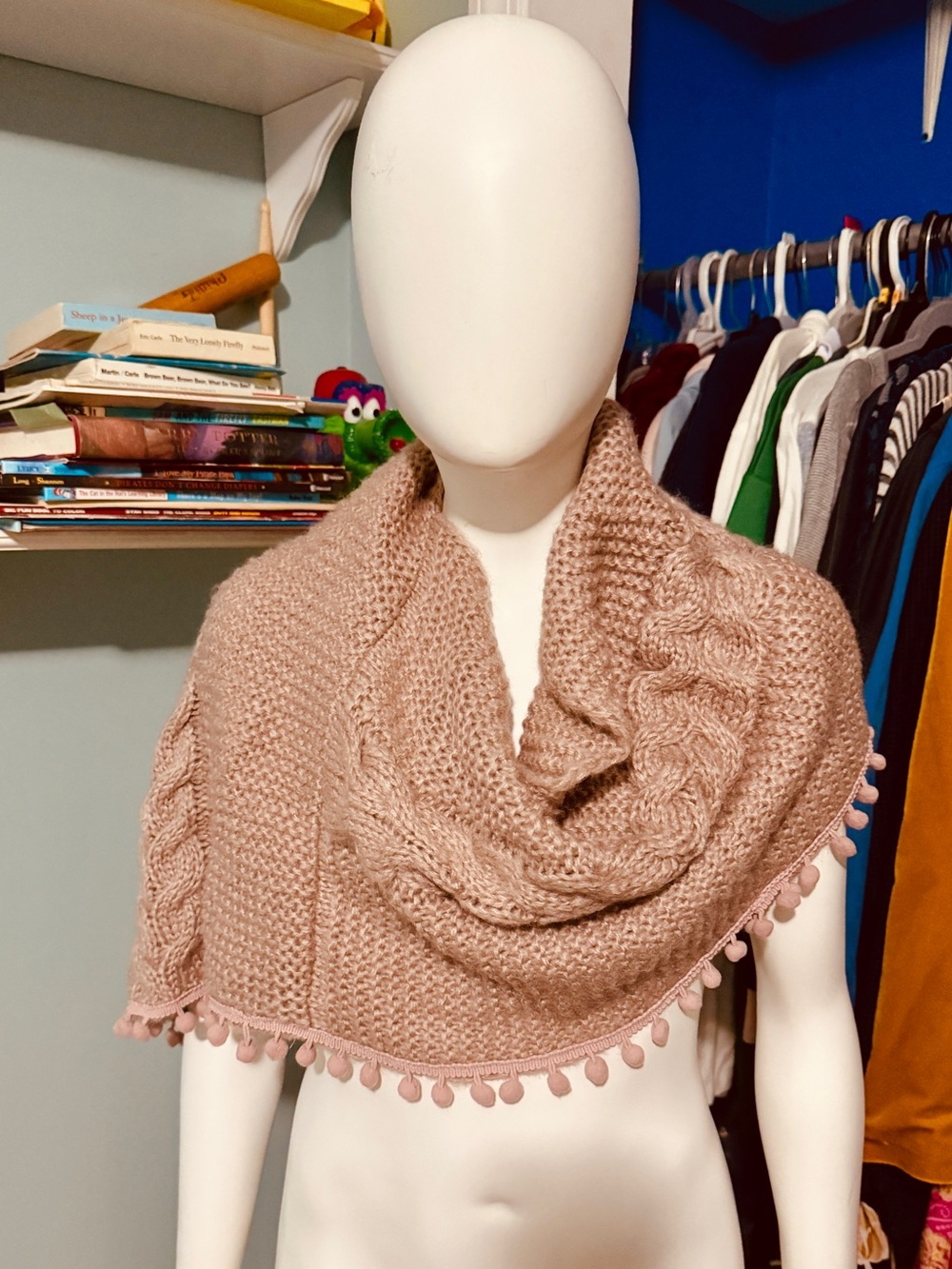 Soft Knit Pom-Pom Shawl Scarf - Blush Pink